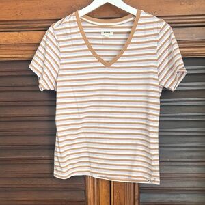 Pact Striped V-Neck Tee in White and Tan